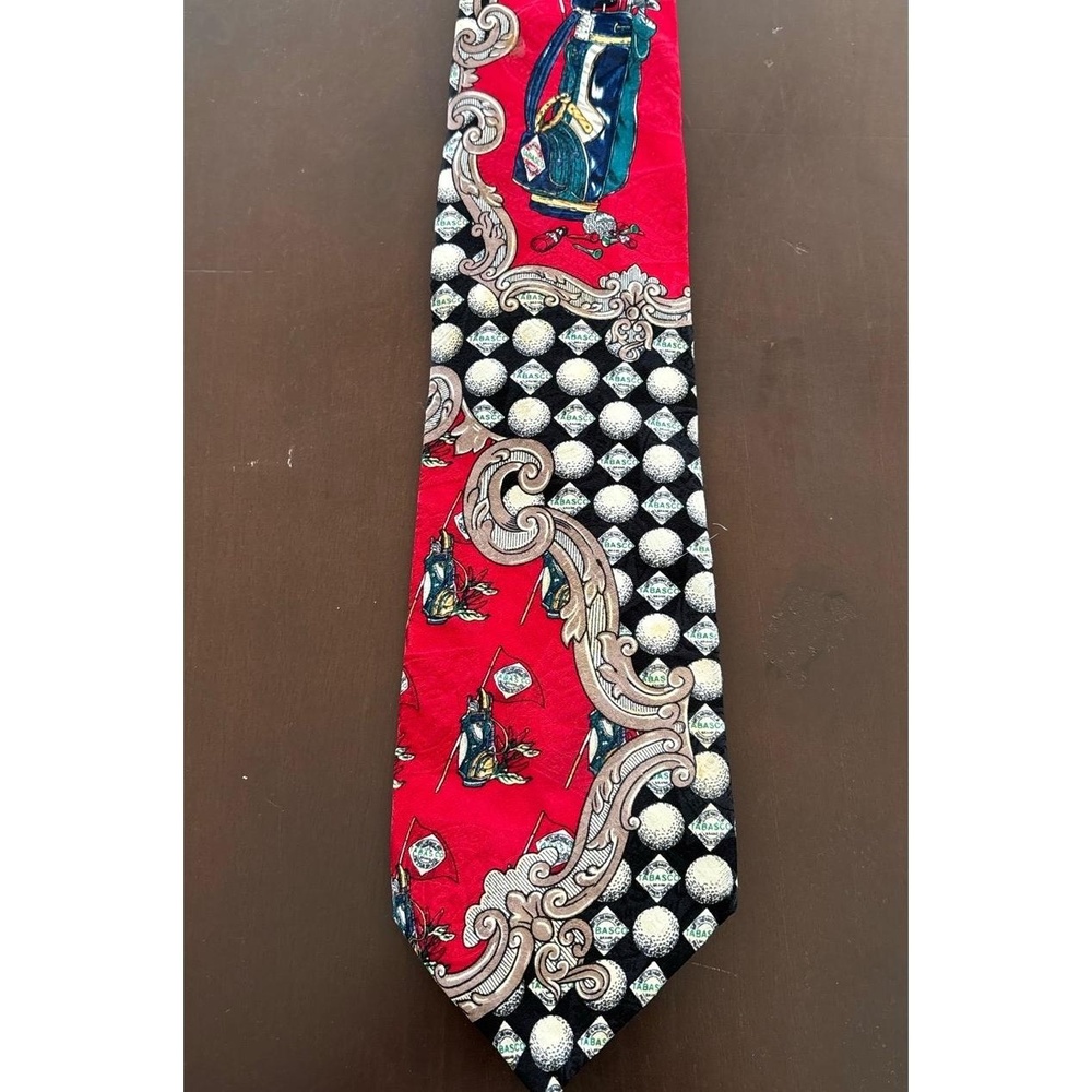 Tabasco Mens Multicolored Patterned Golf Theme Tie 100% Silk 60” x 3.75”